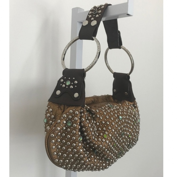 G SERIES BRONZE LEATHER CRYSTAL EMBELLISHED STUD CLUTCH BAG - Picture 9 of 16